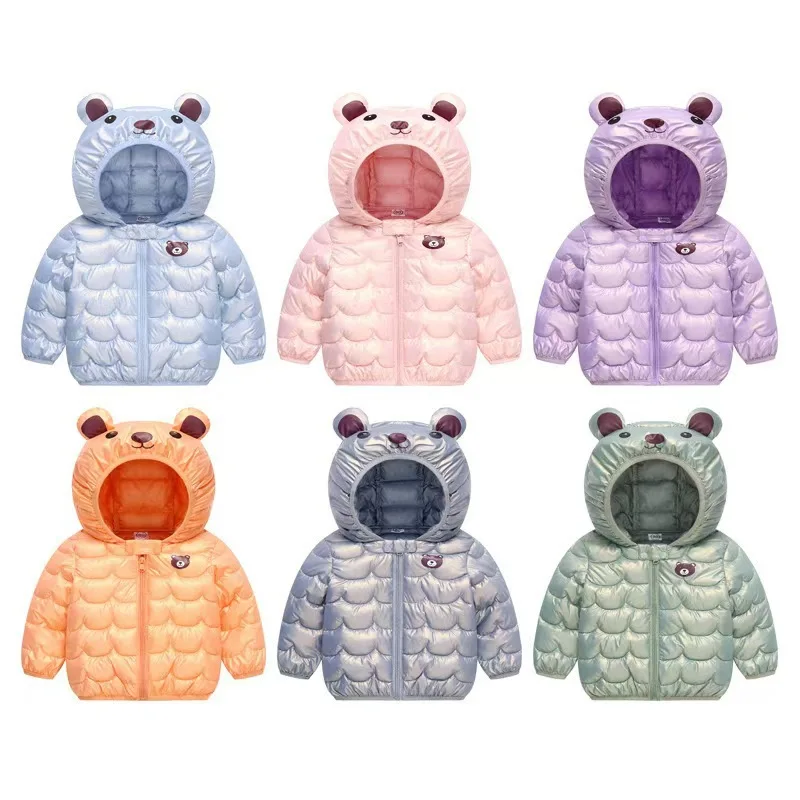 

Kids Winter Down Jacket with Bear Hood, Boys Girls Cartoon Printed Warm Coat, Zip Up Cotton Padded Outerwear for Toddlers 2-6 Ye