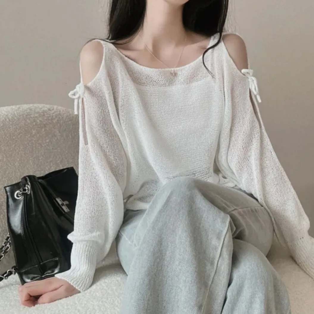 

Women's Knitted Sweater Summer Chic Sexy Loose Thin Long Sve Sunade Cover up Top Sweet Sle Regular Length Color