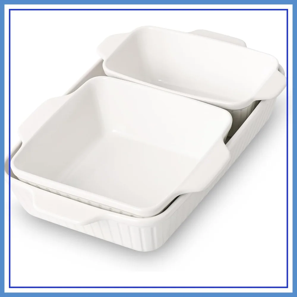 

3-Piece Ceramic Baking Dish Set with Handles, Oven-Safe Rectangular Casserole Dishes for Lasagna, White (13''/8''/4'')