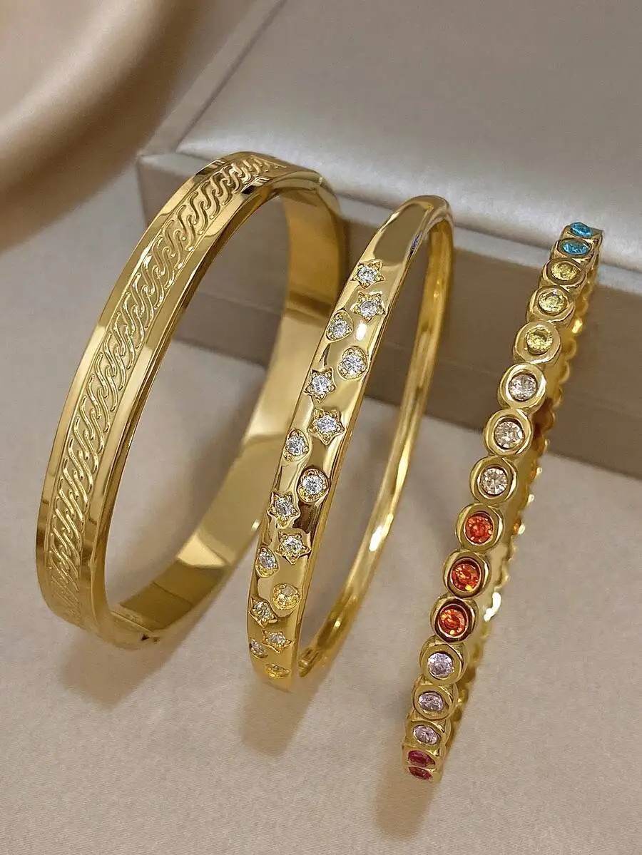 

Stainless Steel Geometric Engraved Cuff Bracelets Set With Zirconia Stars And Multicolor Gems For Women