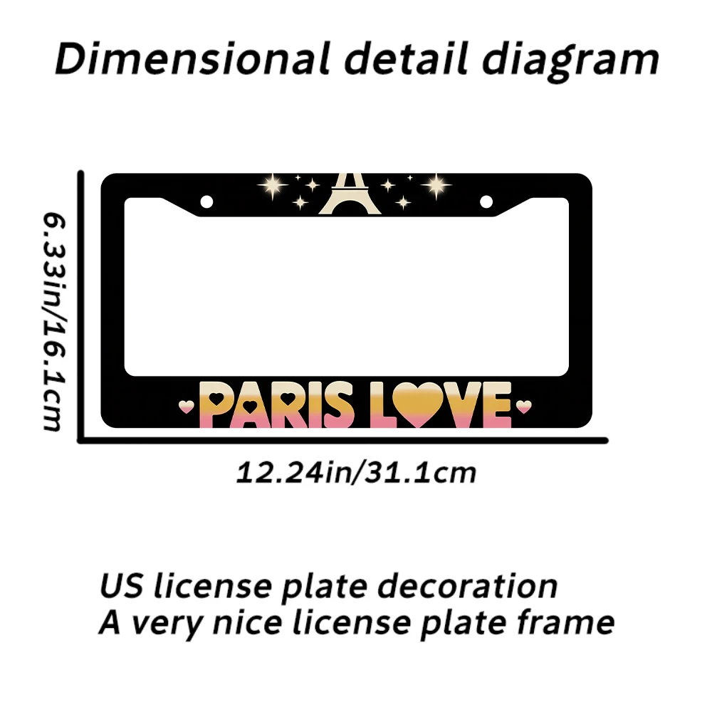 قطعة واحدة من إطار لوحة الترخيص ذو فتحتين من الألومنيوم الأسود مع تصميم برج إيفل ونجوم باريس، مقاس 6 × 12 بوصة، تتضمن طقم براغي، R