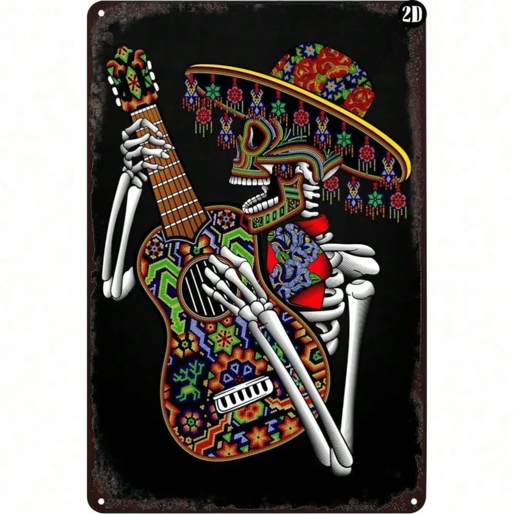 Day Of The Dead Skelett-Gitarren-Metallschild – 20,3 x 30,5 cm großes mexikanisches Vintage-Dekor, Gothic-Schild für Zuhause, Pub und Bar
