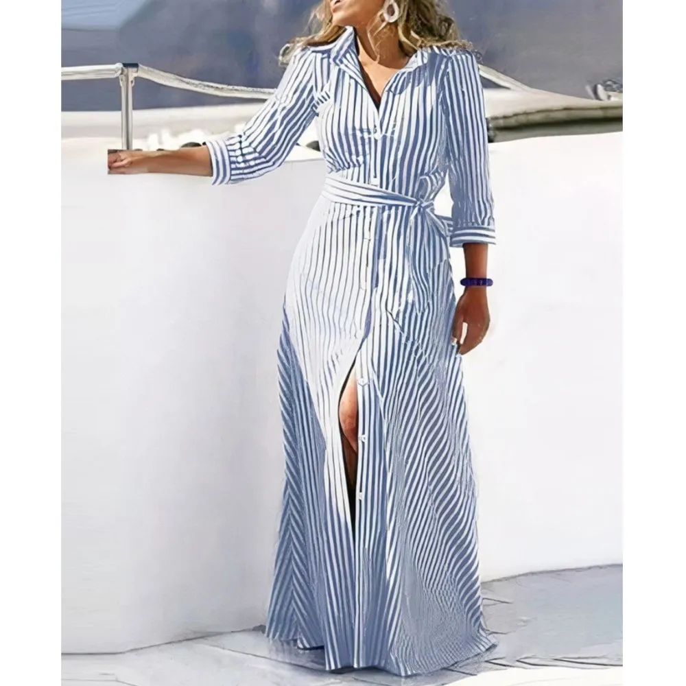 Elegant Long Shirt Dress Women 2023 Spring Autumn Fashion Stripe Print Long Sleeve Lace-up Ladies Maxi Vacation Dresses Robe