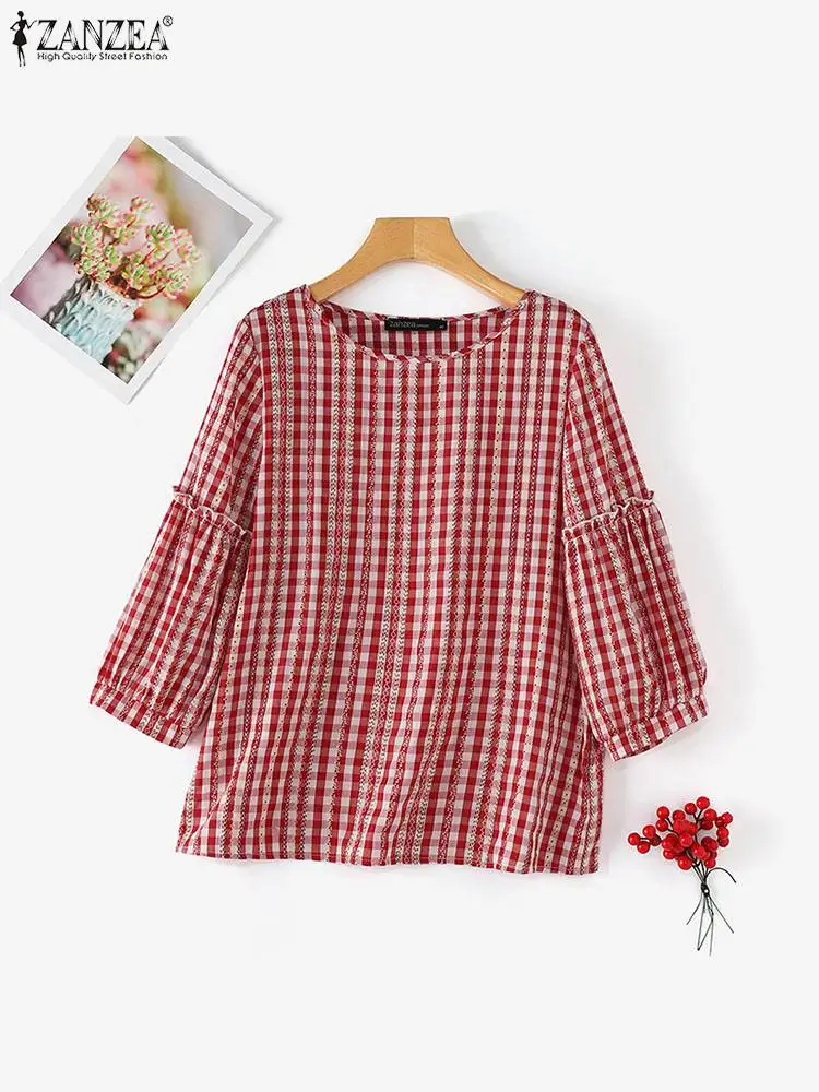 Frauen o Hals 3/4 Ärmel Bluse Herbst karierte Hemden Sommer Tops Casual Work Blusas 2024 Zanzea weibliche lose Urlaub Hemd