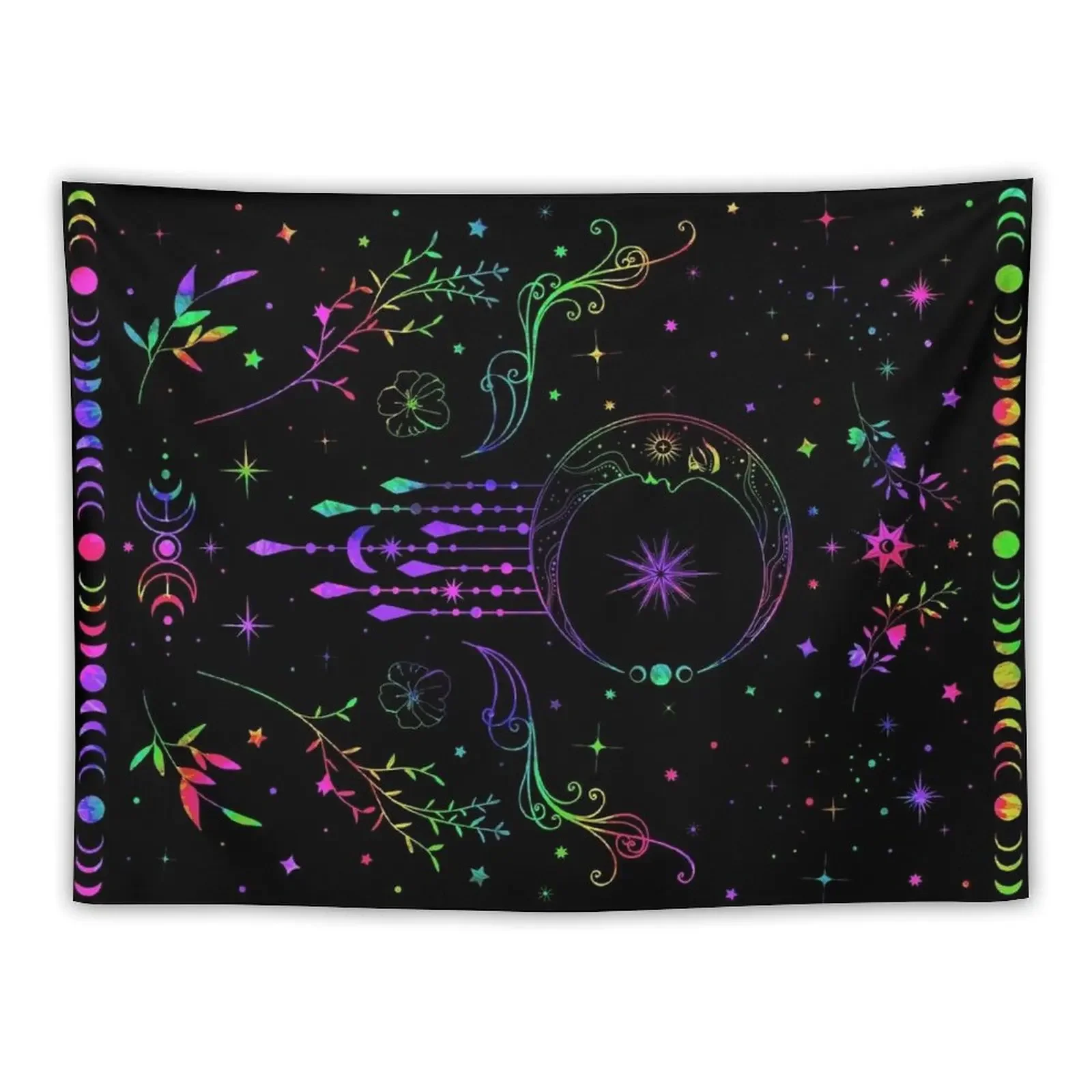 

Rainbow Celestial crescent moon with floral accents and moon phase tie dye Tapestry Wall Hanging Tapestry