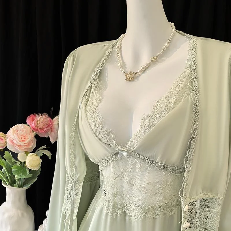 

Ночная сорочка с длинными рукавами, с подкладкой на груди, на бретелях, с двумя кружевными вставками, домашняя одежда, нижнее белье для женщин, теплая терморубашка с постоянной температурой