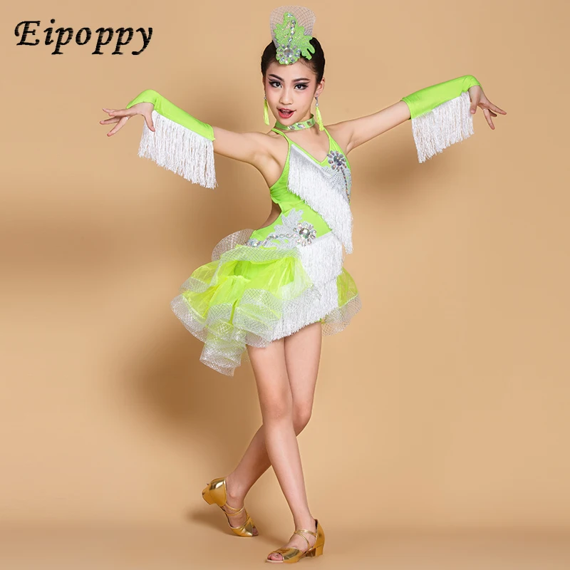 กระโปรงมีพู่ประดับเพชรสำหรับเด็ก, ใหม่ชุดเต้นรำละตินสำหรับเด็กผู้หญิงชุดเต้นรำละติน