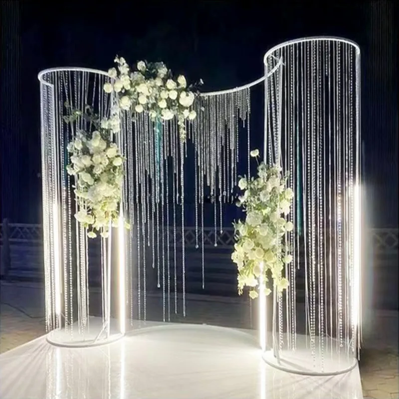 S Shaped Round Curved Metal Background Stand With Acrylic Beads Curtain For Wedding Hall Stage Decoration