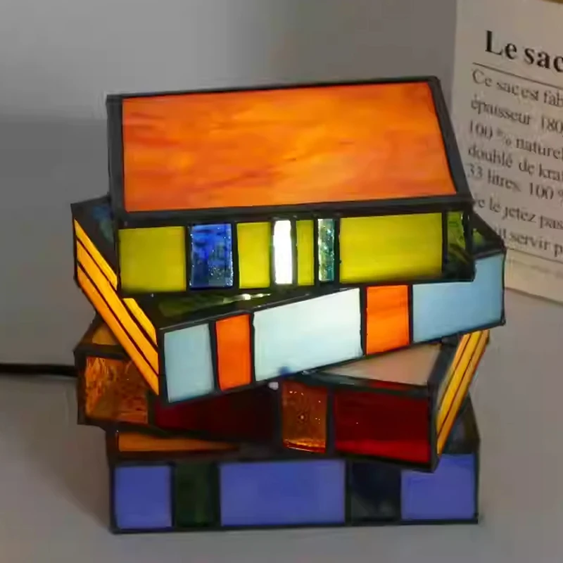 

Colored Glass Book Lamp Tiffany Handicrafts Art Night Light LED for Bedroom Table Lighting Fixture Bedside Desk Decoration Gift