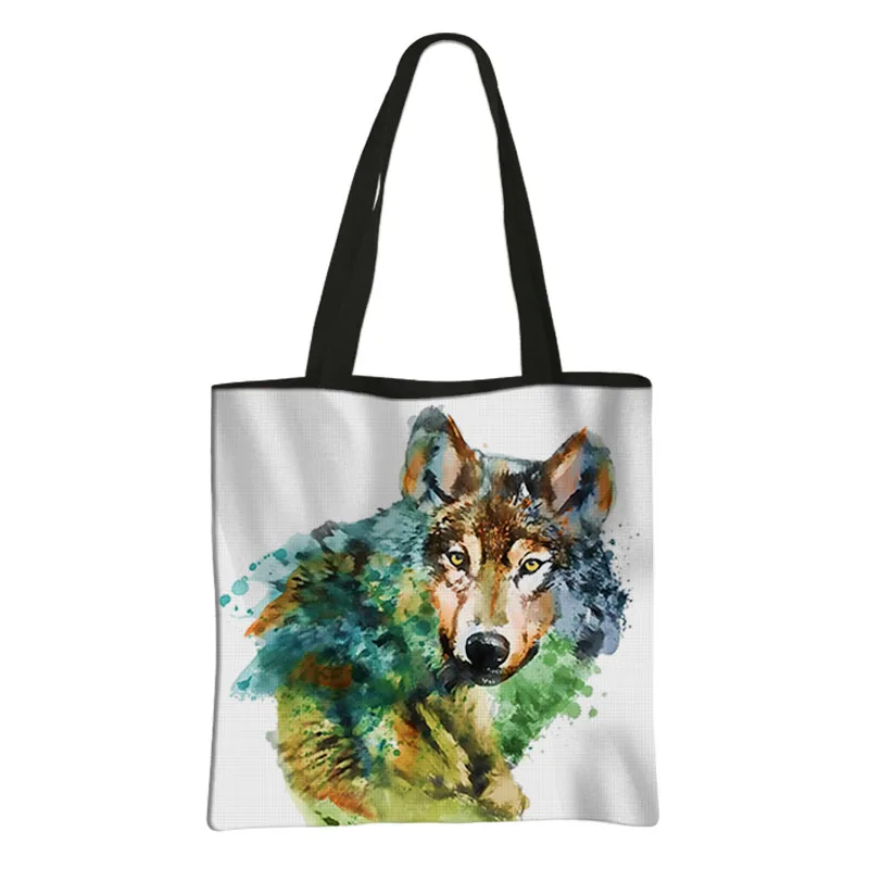 Woodland Animal Watercolor Tote Bags Wolf Fox Parrot Owl Turtle Large Capacity Shoulder Bag Reusable Shopper Bags Messenger Bag