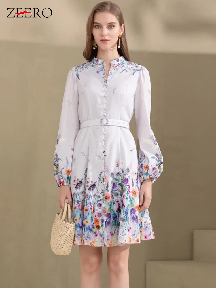 

Prairie Chic Women Spring Long Lantern Sleeve Floral Print Dresses Elegant Single Breasted Belted Mini Party Dress Vestidos