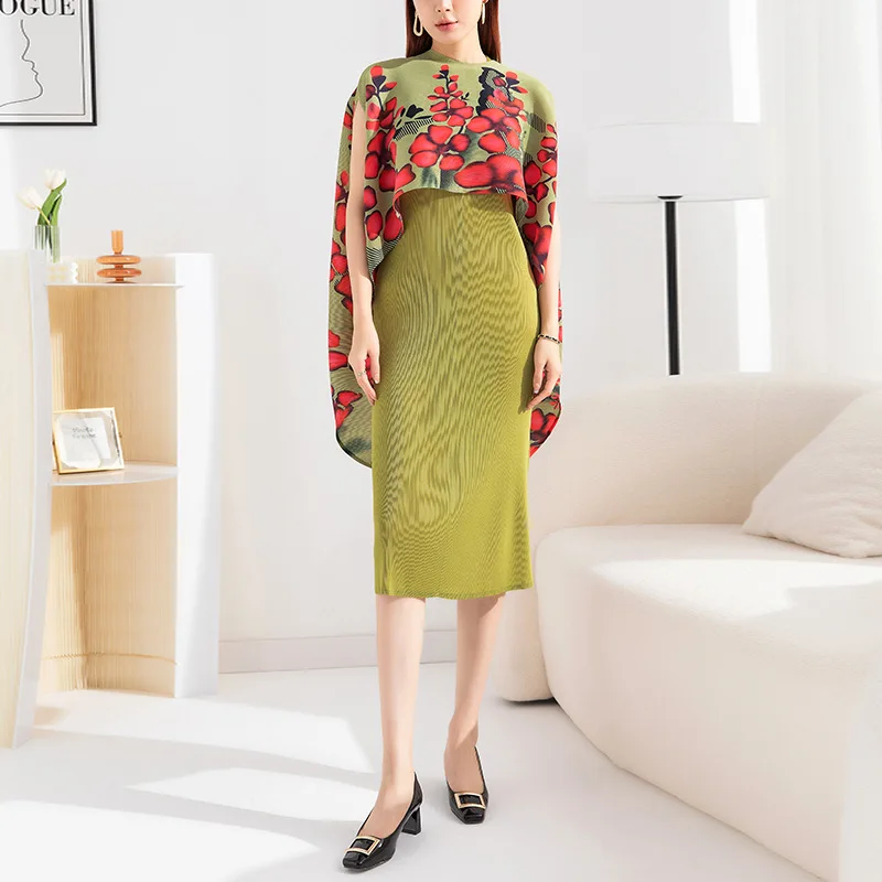 Two Piece Sets Women Outifits Spring Autumn New Fashion Stretch Miyake Pleated Tank Dress + Printed Loose Shawl Outerwear Female