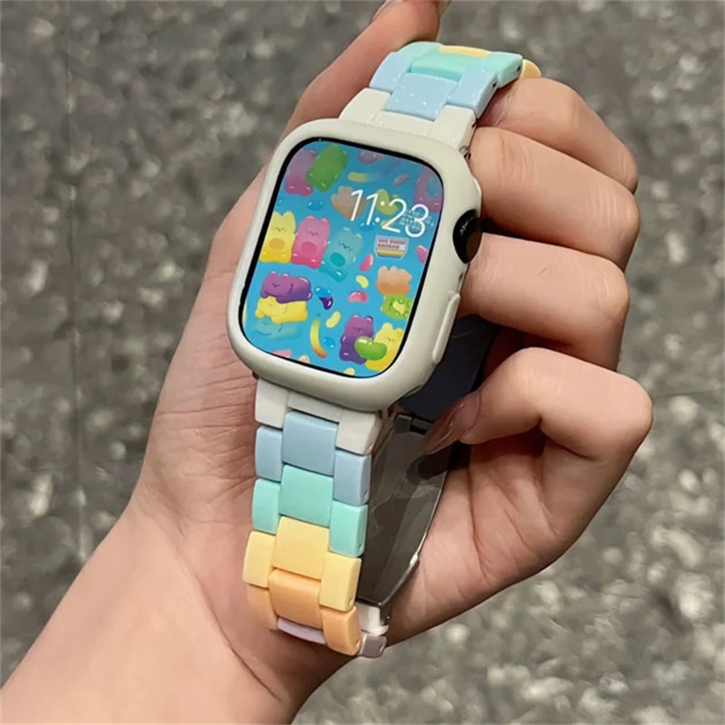 Candy Iridescent PC Strap+Case For Apple Watch Band 46mm 42mm 49mm 40 44 45 41mm 38 42 Resin Band For iWatch Serie 6 SE 7 8 9 10