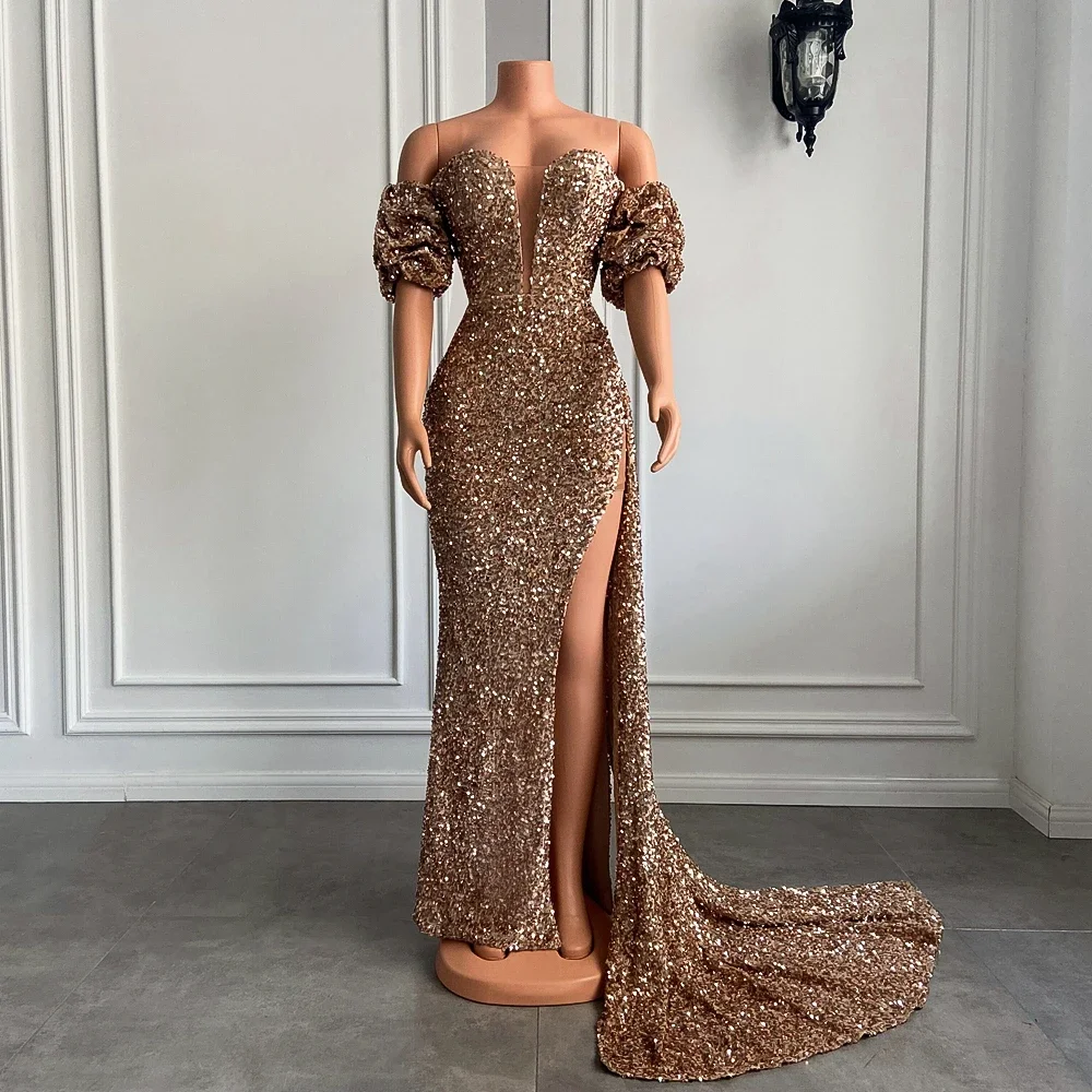 

Long Sparkly Prom Dresses 2024 Off The Shoulder High Slit Off The Shoulder Gold Sequin African Black Girls Prom Gowns