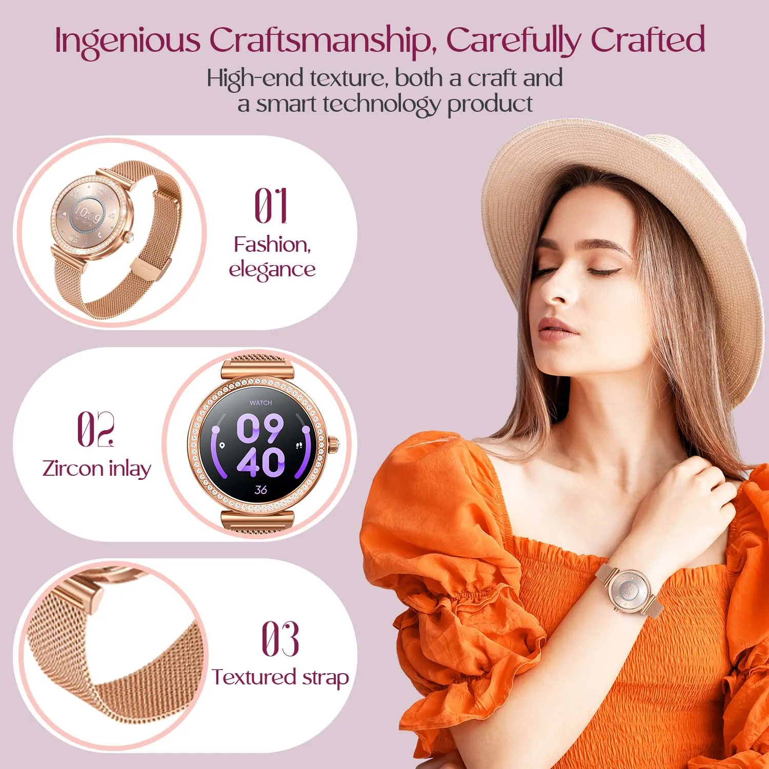 Reloj inteligente premium de moda para mujer, reloj deportivo para hacer/reparar llamadas, notificación de mensajes, Compatible con teléfonos iPhone/Android