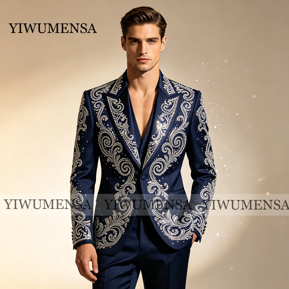 

Exquisite Rhinestones Men Suits 2 Pieces Sets Groom Prom Blazers Slim Fit Ropa hombre Outfit High End Customized Wedding Tuxedos