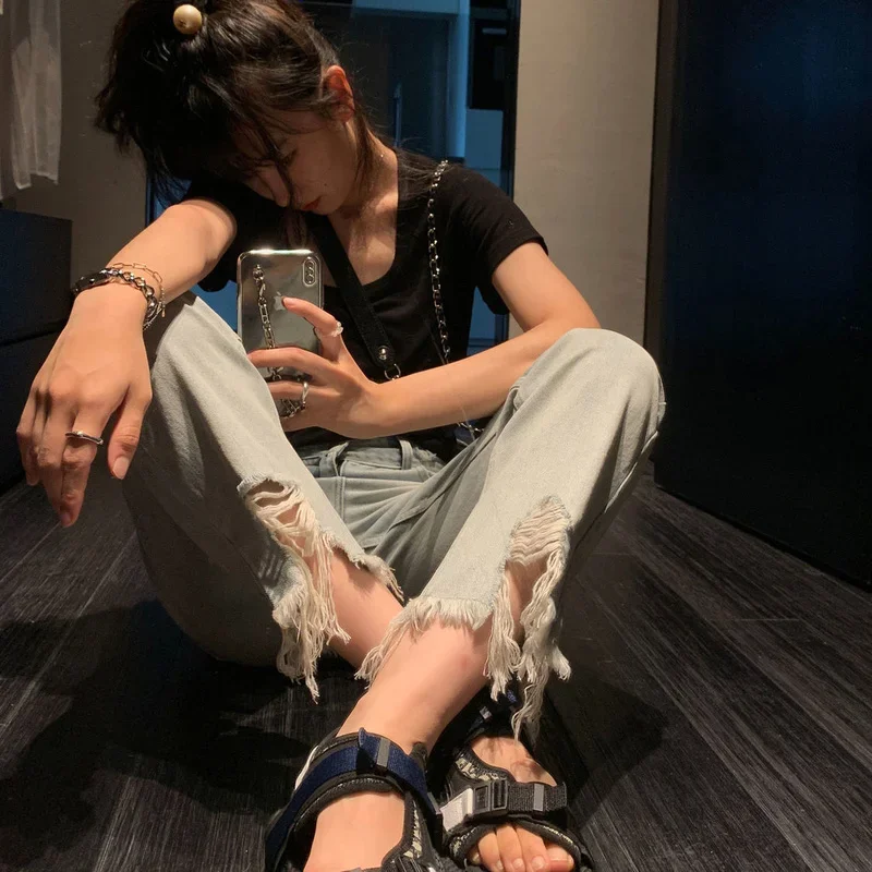 Jeans alla caviglia Donna All-match Vintage Design a vita alta Harajuku Estate Moda coreana Hip Hop Streetwear Chic Semplice Lady