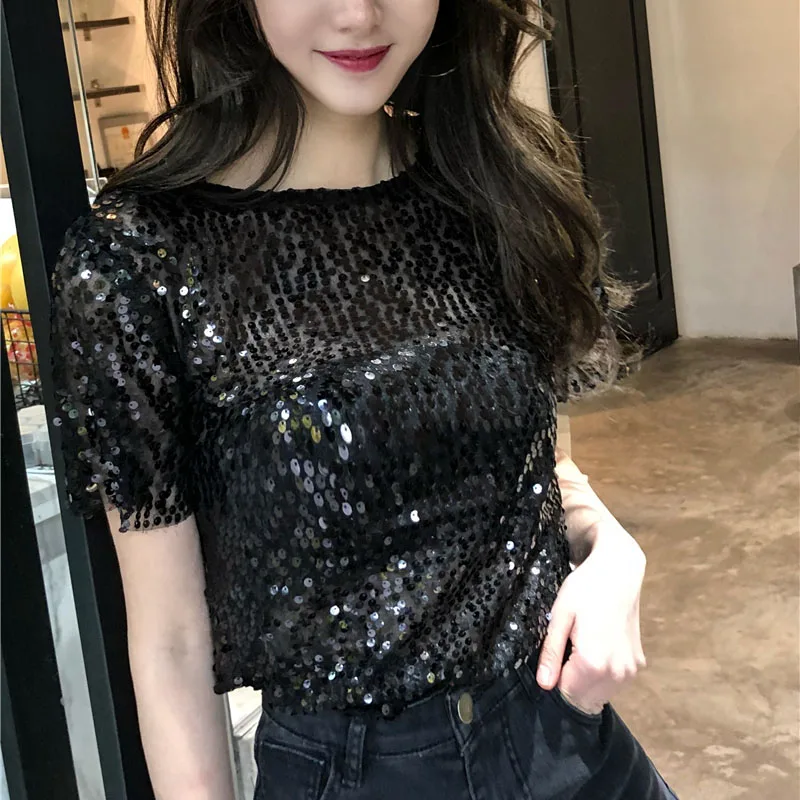 Summer Large Size Stage Performance T-Shirt Women's Fashion Sexy See-through Bling Sparkling Sequins Short Sleeve Top