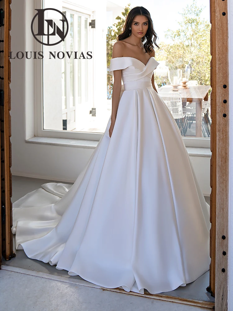 

LOUIS NOVIAS Атласные свадебные платья для женщин с открытыми плечами и вырезом лодочкой с бантом Свадебное платье Бальное платье Платья невесты Robe De Mariage