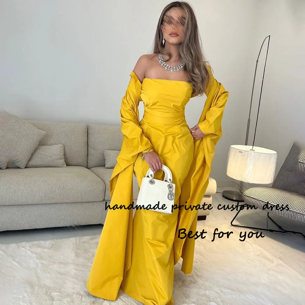 

Yellow Taffeta Mermaid Evening Dresses with Jacket Pleats Strapless Long Arabic Formal Prom Dress Floor Length