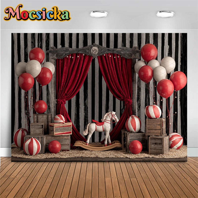 Mocsicka Vintage Circus Rocking Horse Photography Backdrop Red Curtain Stage Striped Balloon Background Kids Birthday Photoshoot