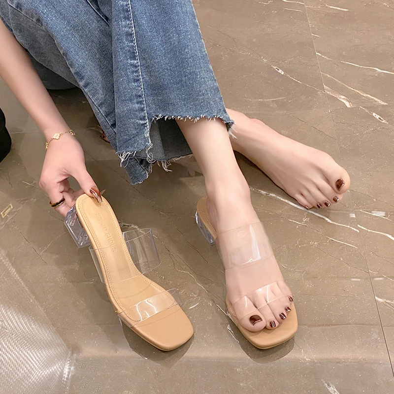 Summer New Transparent Sexy Square Head Open Toe Outwear Women Large Comfortable High Heel Sandals and Slippers Single Shoe