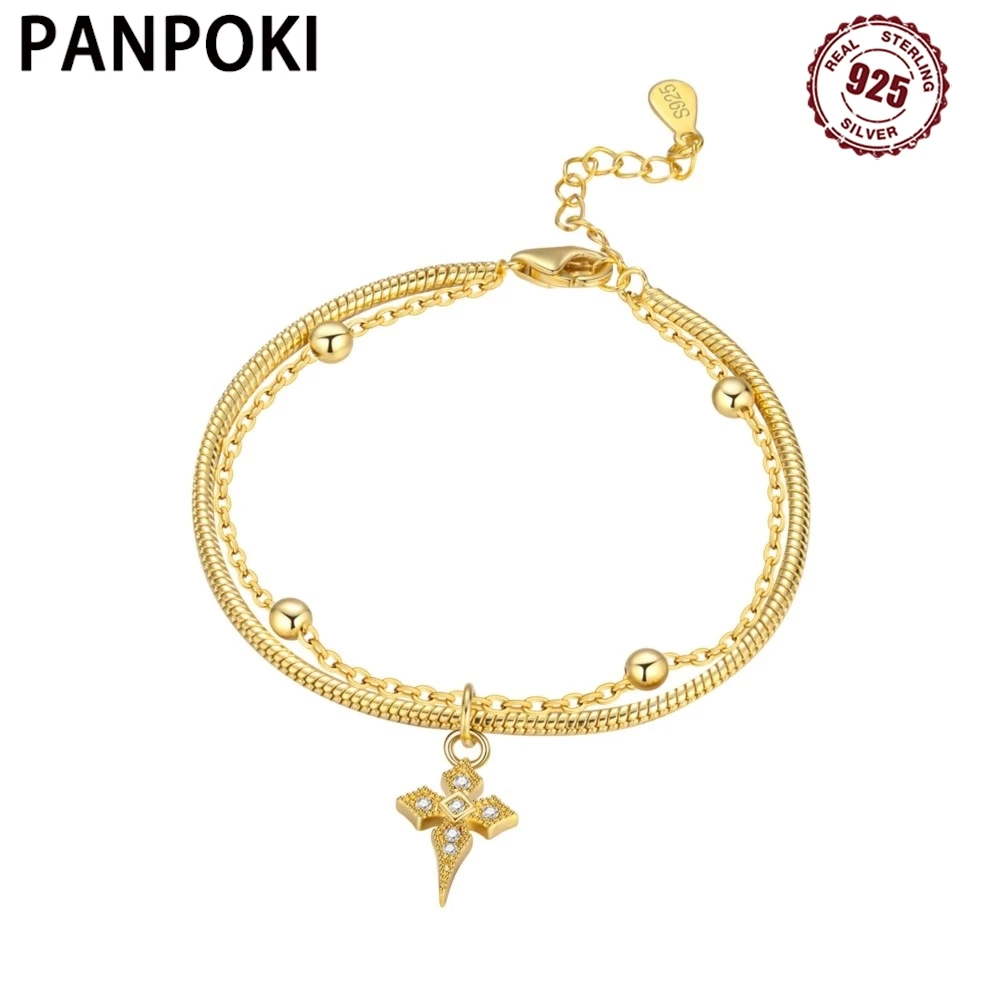 

PANPOKI New 925 Sterling Silver Exquisite Cross Double Layer Bracelet Chain Link Women Bracelet Jewelry Party Trendy Gifts