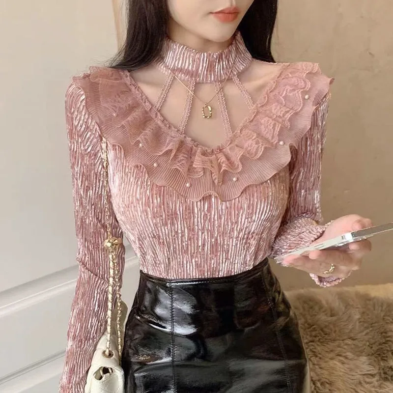 Lace Splicing Semi-turtleneck Beaded Women's Clothes 2024 Autumn New Versatile Slim-fitting Inner Wear Outfit Blouse Top