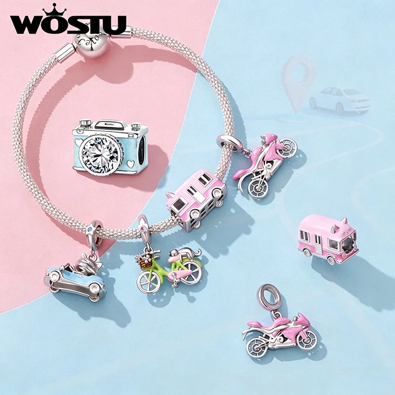 WOSTU Colorful Travel DIY Charms Pink Motorcycle Cute Cat Bus Beads Bicycle Camera Traffic tool pendant  Fit Bracelet Necklace