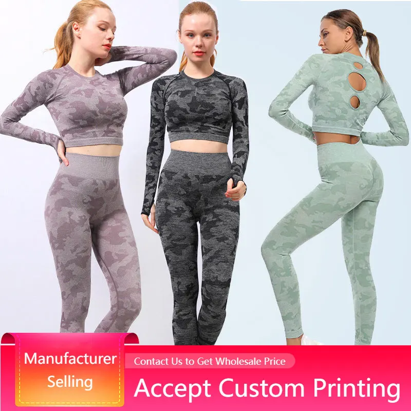 

Hot sale Seamless Yoga suit women's high waist knitted 2 pieces set Camo Long-Sleeved Yoga Clothes knitting Fitness sportswear