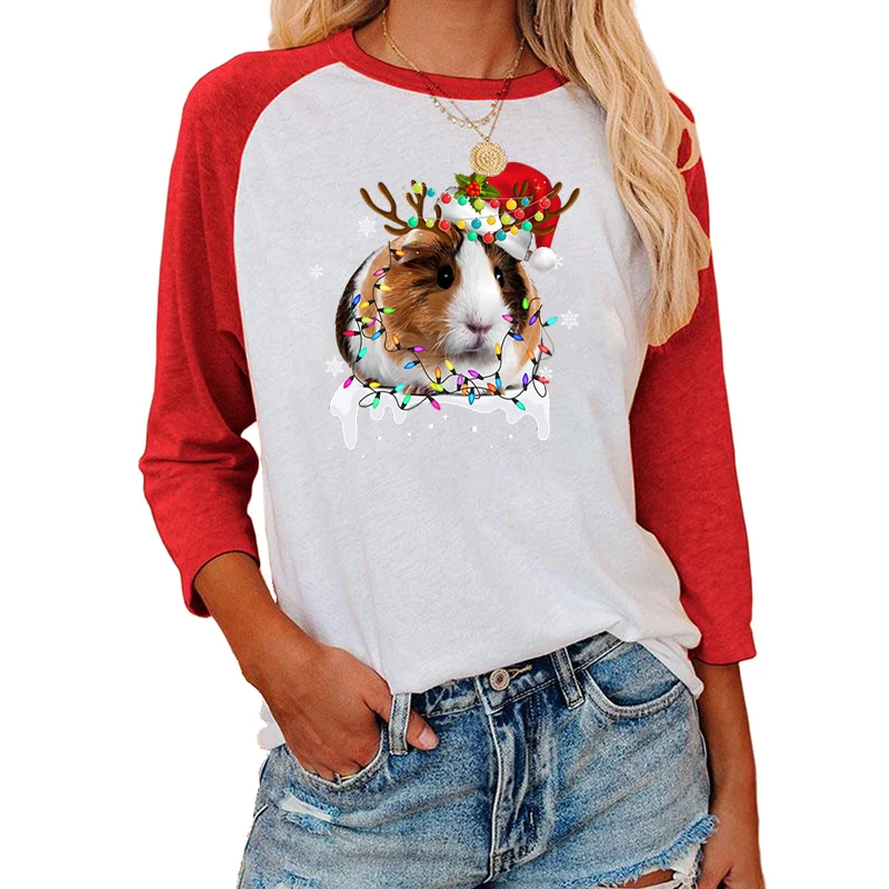 

Cute Christmas Hamster Christmas Light Print Three Quarter Sleeve Shirt Women Seven Sleeves Round Neck Shirts Casual Summer Tops