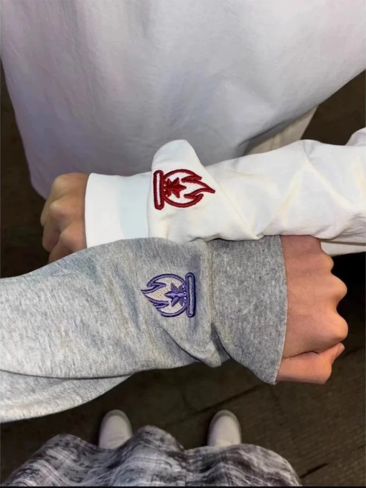 

small flame embroidered sweatshirt, unisex, autumn trendy American high street long-sleeve T-shirt, inner layer base shir