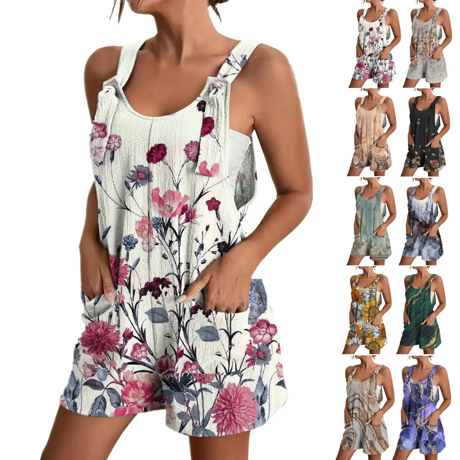 

Bohemian Floral Printed Short Playsuit Womens Summer Casual O Neck Sleeveless Jumpsuit Elegant Shorts Loose Rompers with Pockets