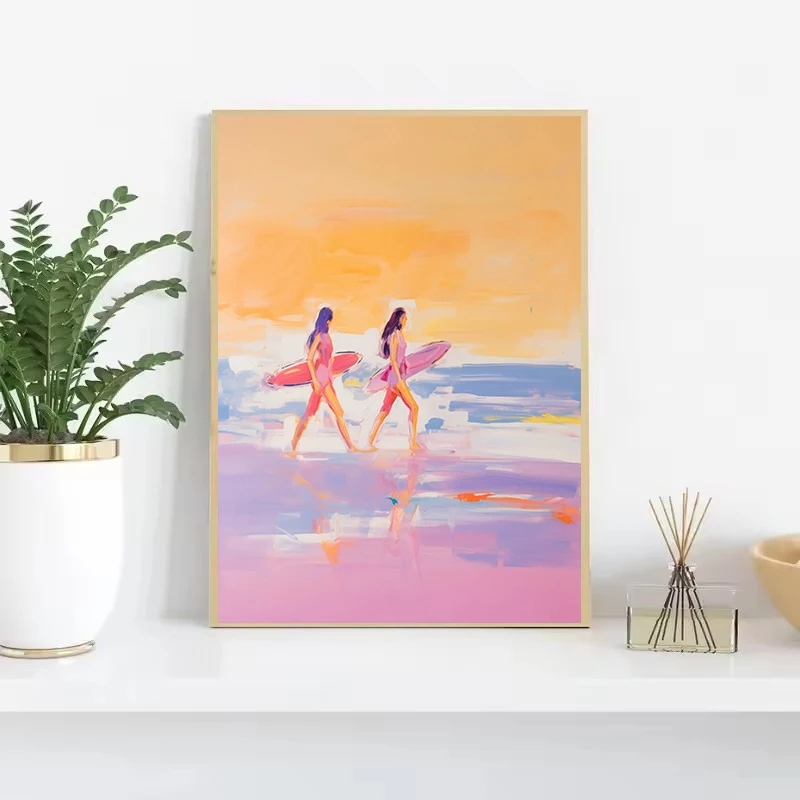 الوردي المائية المحيط موجات المناظر البحرية المشارك المحار قذيفة مظلة الشاطئ تصفح قماش الطباعة جدار صورة فنية ديكور المنزل #2