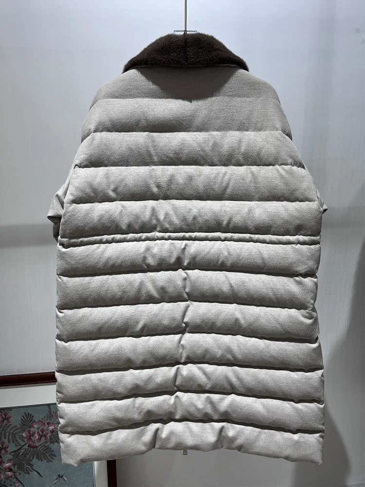 2025 여성 겨울 따뜻한 리얼 밍크 퍼 칼라 구스 다운 재킷 캐시미어 울 재킷 여성 아우터 코트 패딩 재킷
