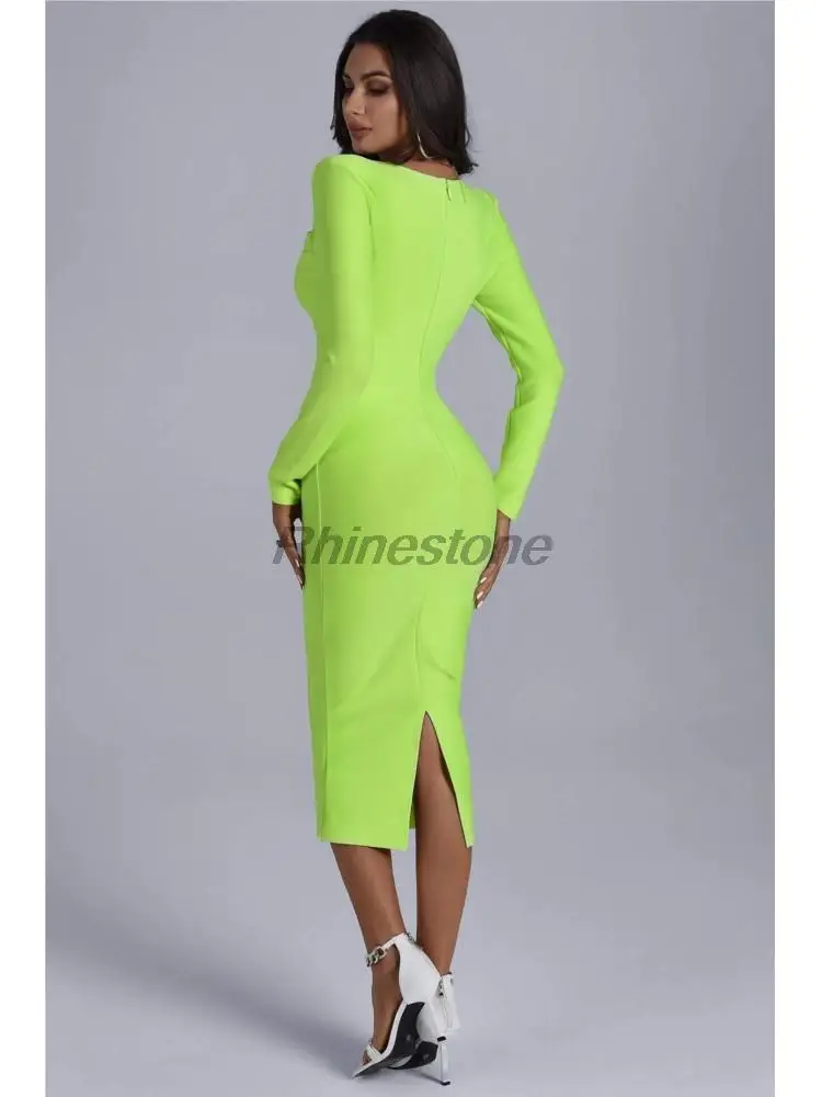 Hot Sexy Low Cut Square Neck Fluorescent Green Wrap Hip Bandage Dress European And American Fashion Party