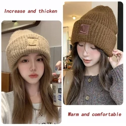 2024 New Winter Women's Bean Hat Soft Thick Knitted Women's Hat Korean Wool Velvet Warm Skulies Hat