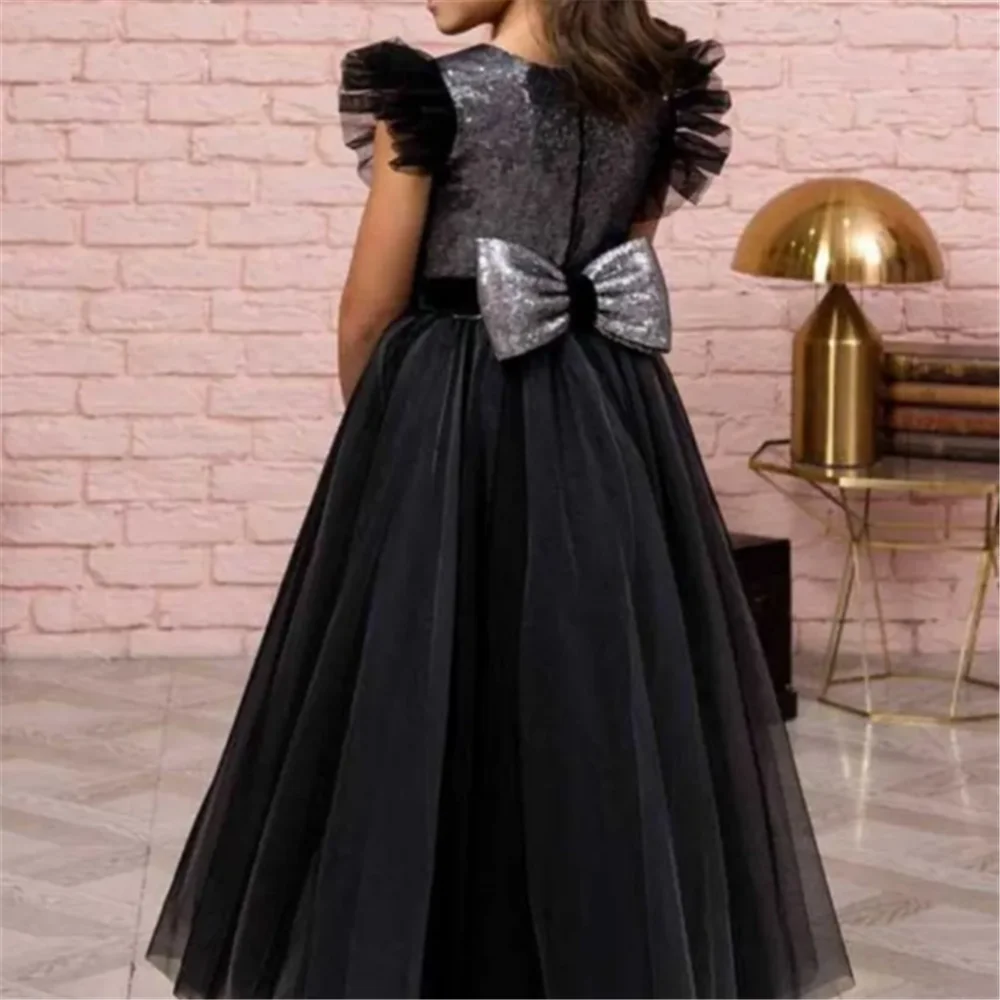 Elegant Black Tulle Lace Printing Bow Flower Girl Dress Princess Ball First Communion Dresses Kids Surprise Birthday Present