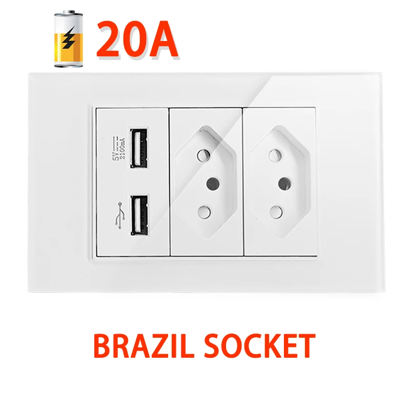 20A Brazil/US/Italy/Chile Plug Wall Sockets USB Outlets Home Office C Type Pressure Switch Plastic/ Tempered Glass 118 Panel