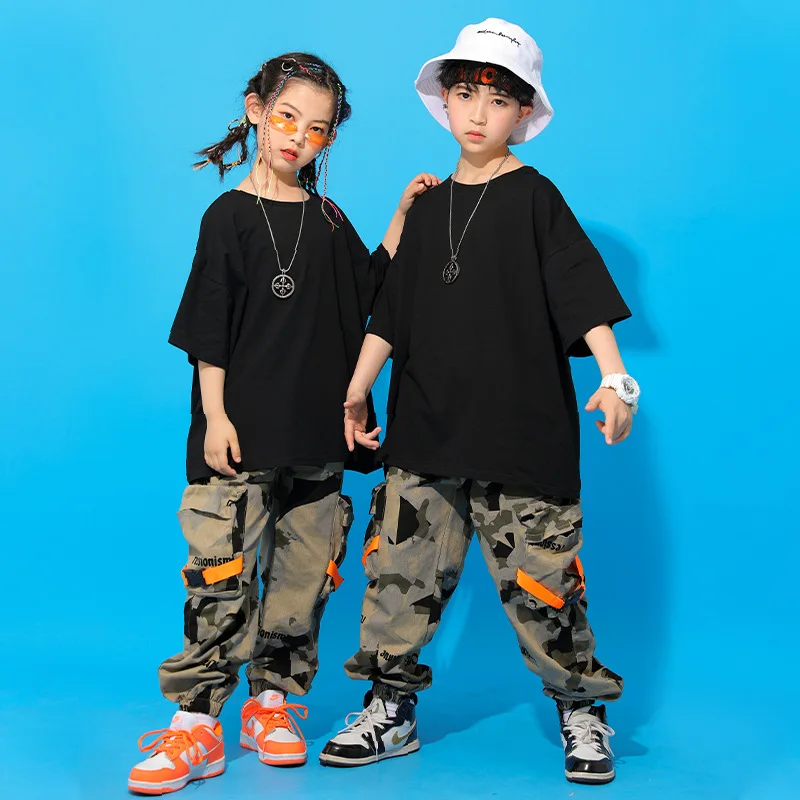 Boys Hip Hop Top Girls Camouflage Cargo Pant Outfits Child Military Jogger Street Dance Kids Streetwear Costumes Teen Sport Wear