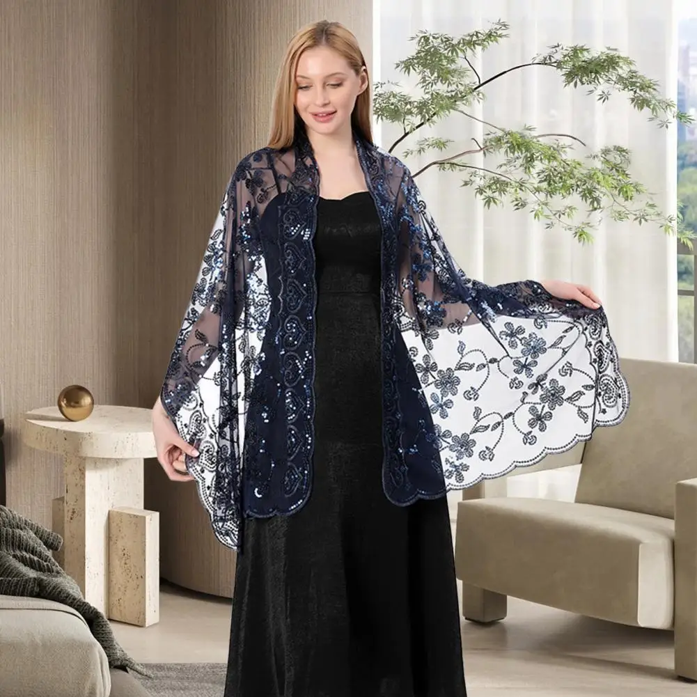 Chiffon Wrap Ladies Long Shawl Flower Decor Thin Lightweight Wrap Curvy Figure Shawl Sequin Flapper Evening Shawls For Women