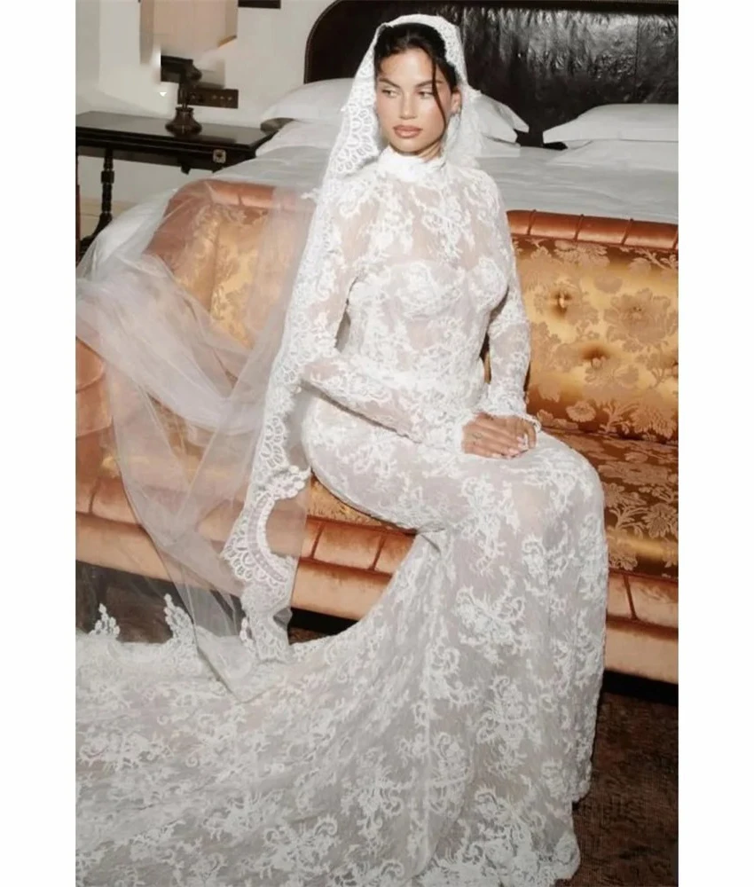 

MCDV Customized Sexy Lace Mermaid Buttons Evening Dress High Quality High Collar Long Sleeves Floor Length Women Wedding Gowns