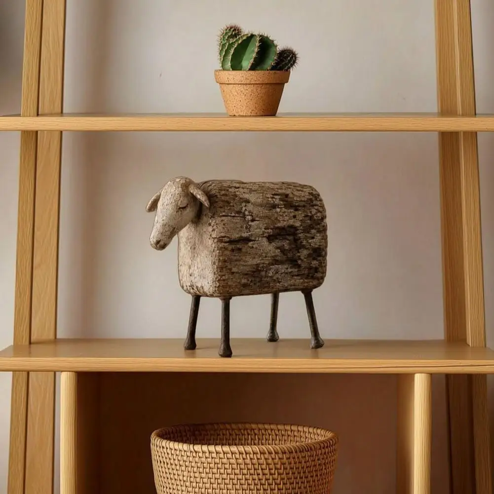 Retro Country Style Distressed Imitation Wood Grain Sheep Figurine Animal Statue for Shelf Tabletop Decor for Home Office Decor