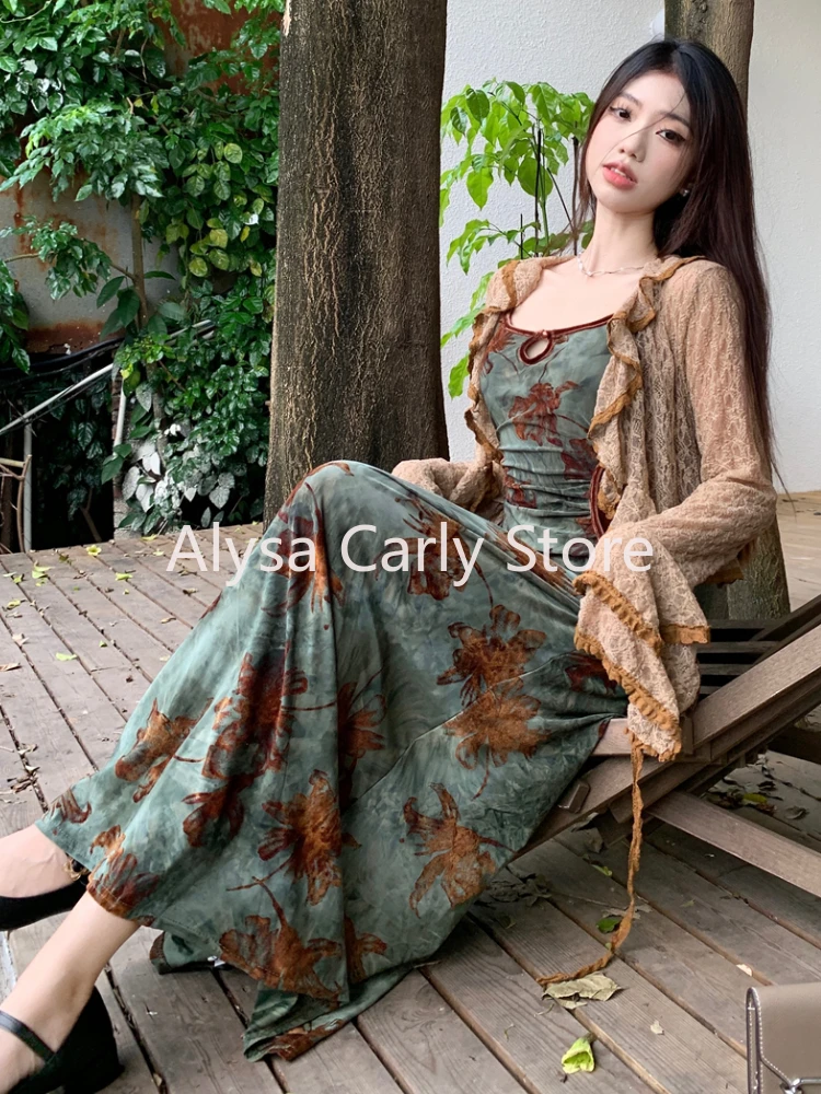 Vintage Elegant Floral Slip Dress Women Hollow Out Designer Korean Velvet Long Dress Female Autumn Matching Two Piece Dress Set