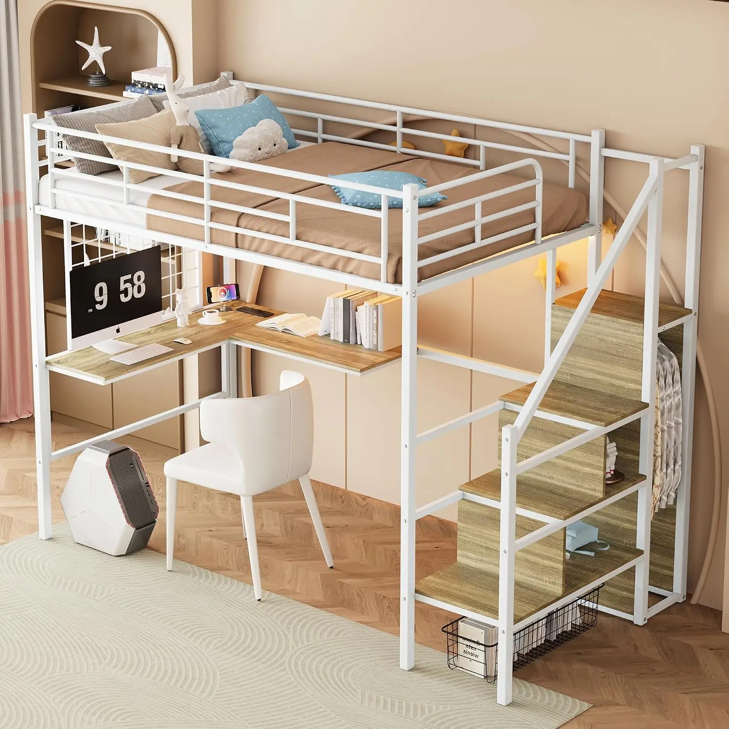 Twin Size Metal Loft Bed with Reversible Stairs & L-Shaped Desk,White | Storage Stairs,Wardrobe,L-Shaped Desk,USB Charging Stati
