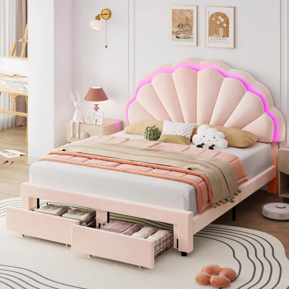 Inteligente LED Bed Frame com 2 gavetas de armazenamento, ajustável Chic Duplo Petal Headboard, ripas de madeira maciça, nenhuma caixa, Primavera necessário