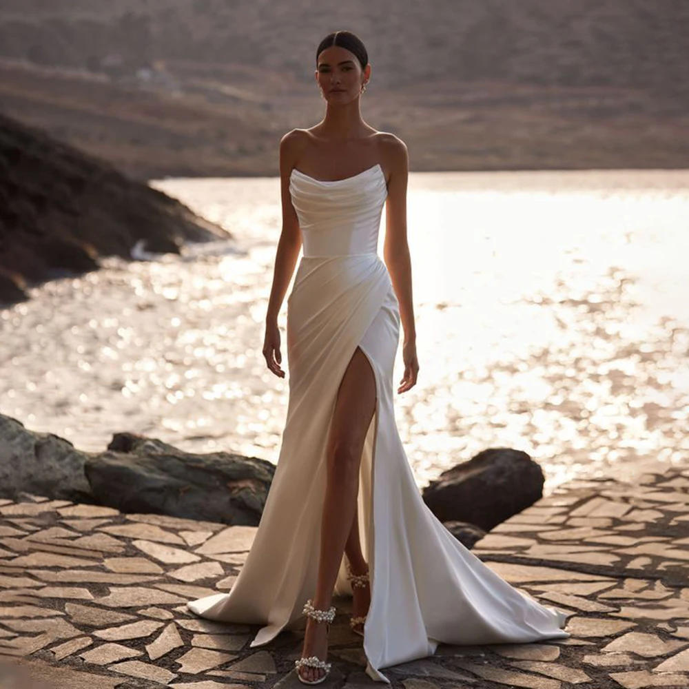 

Beach Strapless Pleated Sheath Side Slit Wedding Gown Detachable Sleeve Backless Boho Bridal Dress with Train Custom Made