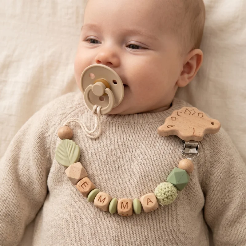 Personalized Name Pacifier Clip Silicone Wooden Dinosaur Baby Teether Holder BPA Free Custom Soother Chain Handmade Dummy Clip
