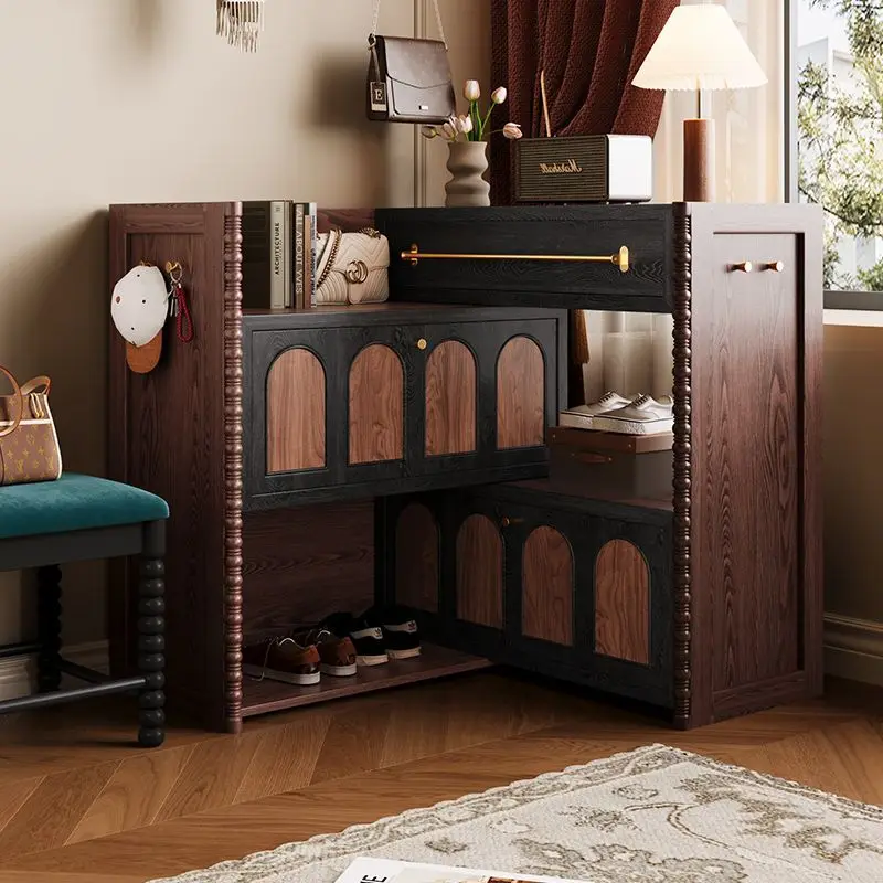 خزانة شرفة دخول من الخشب الصلب على الطراز الفرنسي القديم، خزانة تخزين باب المنزل لغرفة المعيشة