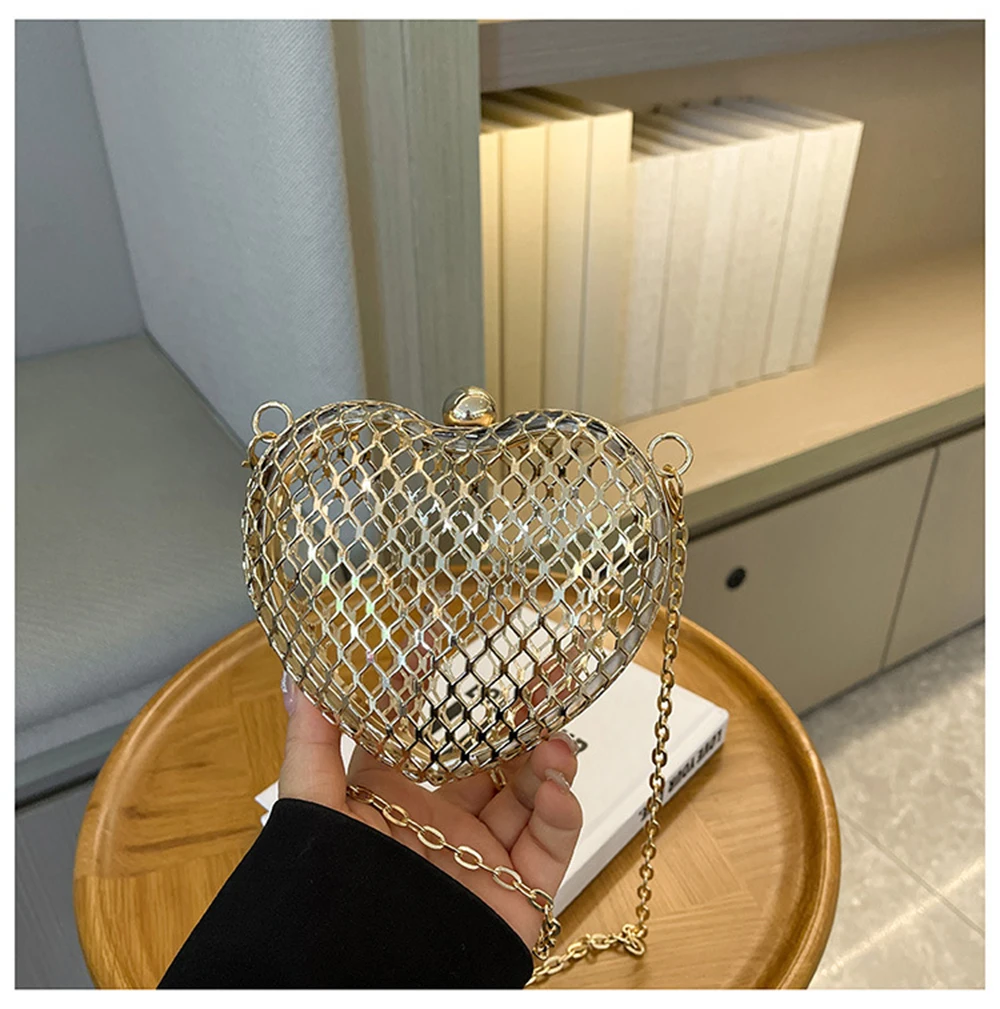 حقيبة يد معدنية مجوفة على شكل قلب 2025 موضة جديدة للنساء حقائب كتف صغيرة أنيقة على شكل سلسلة للحفلات #3